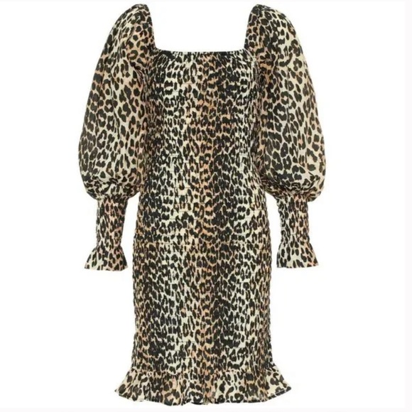 ganni tiger-print cotton-poplin mini dress GANNI Leopard Cotton Poplin Mini Dress